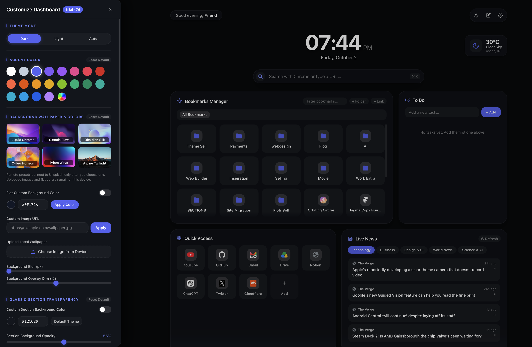 Customize Dashboard panel with theme, accent color, wallpaper, and transparency controls